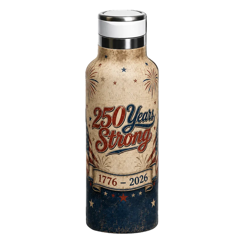 Water bottle with '250 Years Strong' design on a beige, red, and blue background