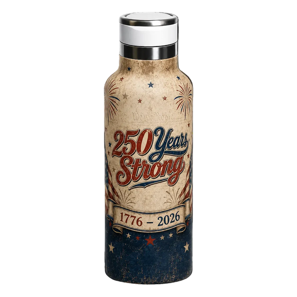 Water bottle with '250 Years Strong' design on a beige, red, and blue background
