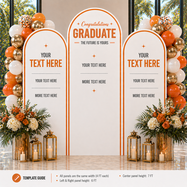 Graduation-themed backdrop with customizable text, balloons, and a woman in a graduation gown.