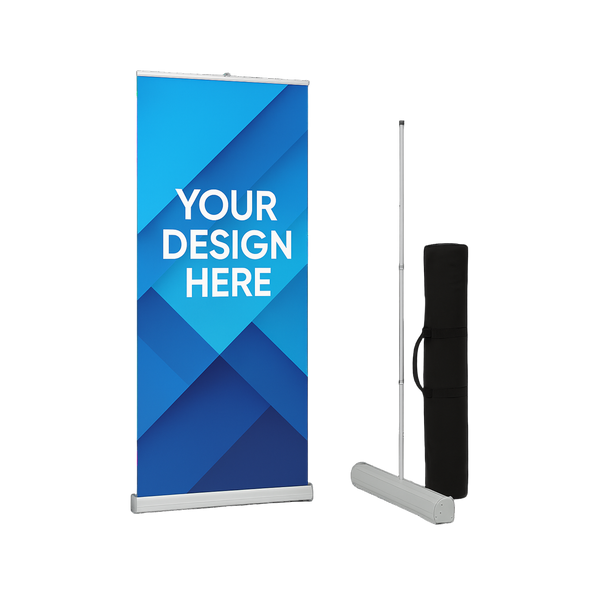 Retractable banner stand with 'Your Design Here' text