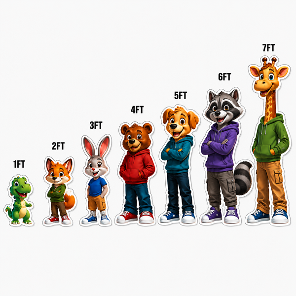 Cartoon character cutouts with height indicators on a white background