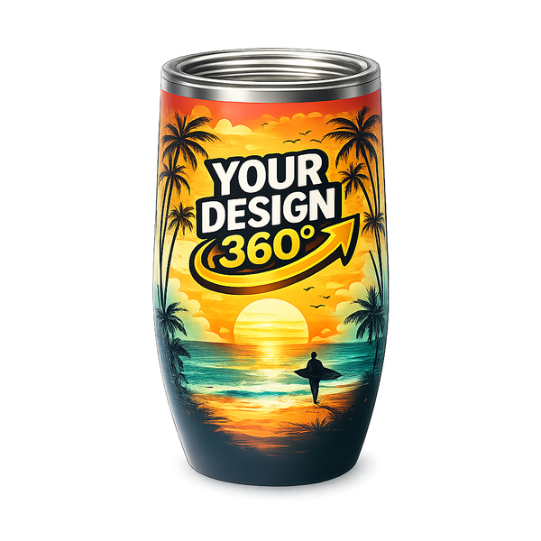 Tumbler with a tropical sunset design and 'Upload Your Design' text on a white background