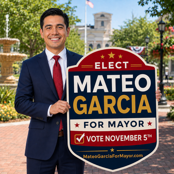 A smiling man in a navy suit and red tie stands outdoors holding a large campaign sign that reads 'ELECT MATEO GARCIA FOR MAYOR' and 'VOTE NOVEMBER 5th'. The background shows a sunny town square with trees, a fountain, and a historic building.