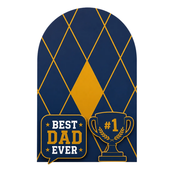 Decorative plaque with 'Best Dad Ever' and trophy design on a blue and gold background