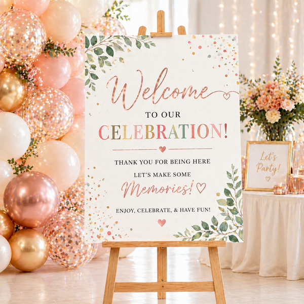 Wedding welcome sign on an easel with floral design in a room with flowers and candles.