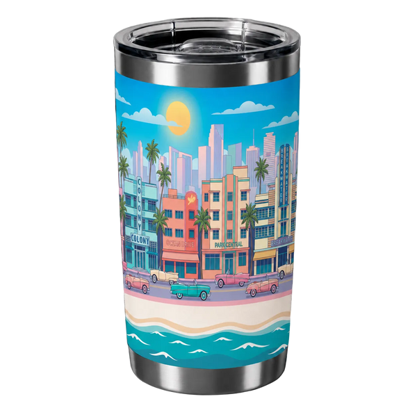 Tumbler with a colorful cityscape design featuring buildings, palm trees, and a beach.