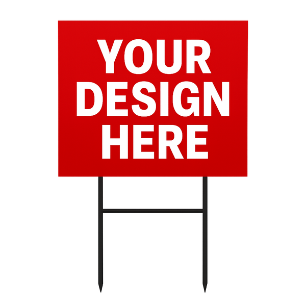 open house yard sign with text 'YOUR DESIGN HERE' in front of a community