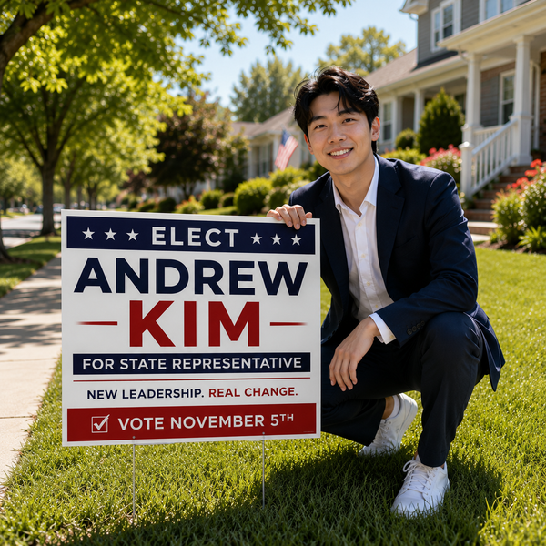 A man in a navy suit and white shirt kneels on a green lawn, holding a political campaign sign that reads 'ELECT ANDREW KIM FOR STATE REPRESENTATIVE' in a suburban neighborhood setting.
