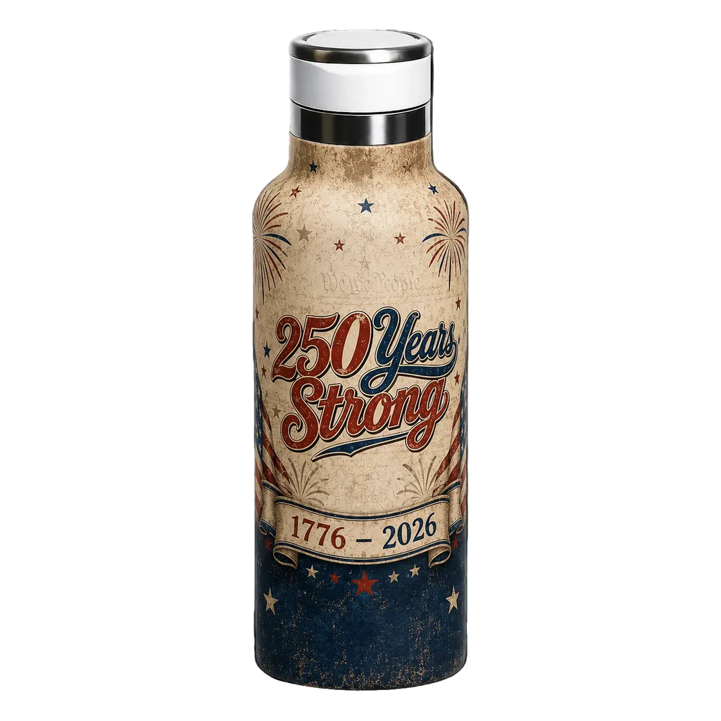 Water bottle with '250 Years Strong' design on a beige, red, and blue background