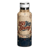 Water bottle with '250 Years Strong' design on a beige, red, and blue background