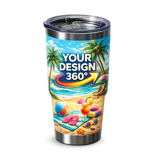 Tumbler with beach scene design and 'Your Design 360°' text on a white background