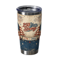 Tumbler with '250 Years Strong' design featuring American flag and fireworks on a beige and blue background.