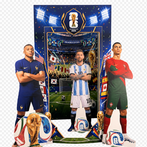 Three soccer players in different uniforms standing in front of a FIFA World Cup 2026 backdrop.