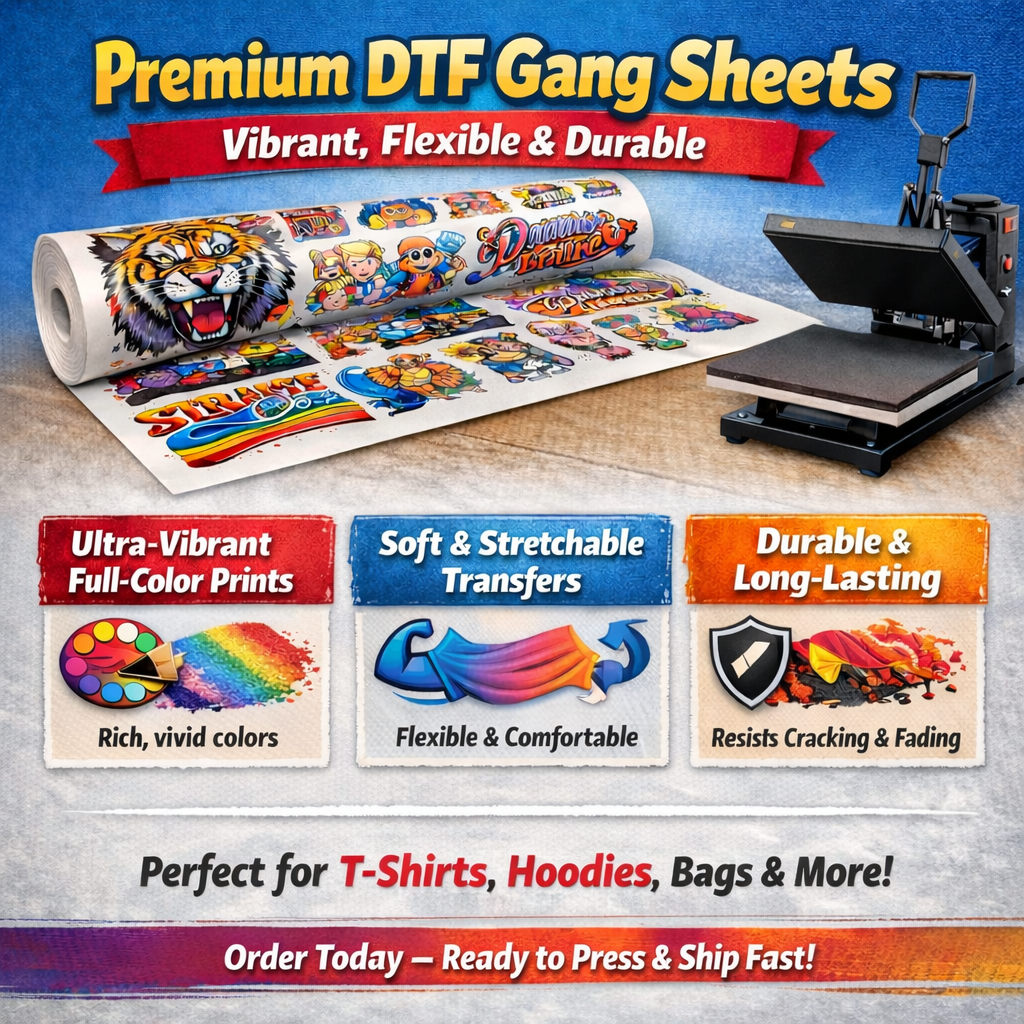Premium DTF gang sheet roll with full-color designs next to a heat press