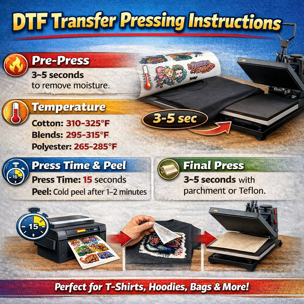 DTF transfer pressing instructions showing pre-press, temperature, press time and peel steps