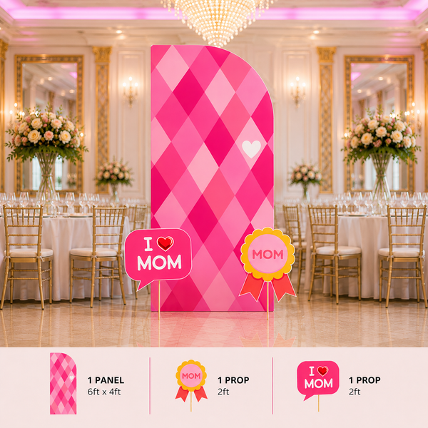 Decorative banner with pink plaid pattern and 'I ❤️ Mom' text in a banquet hall.