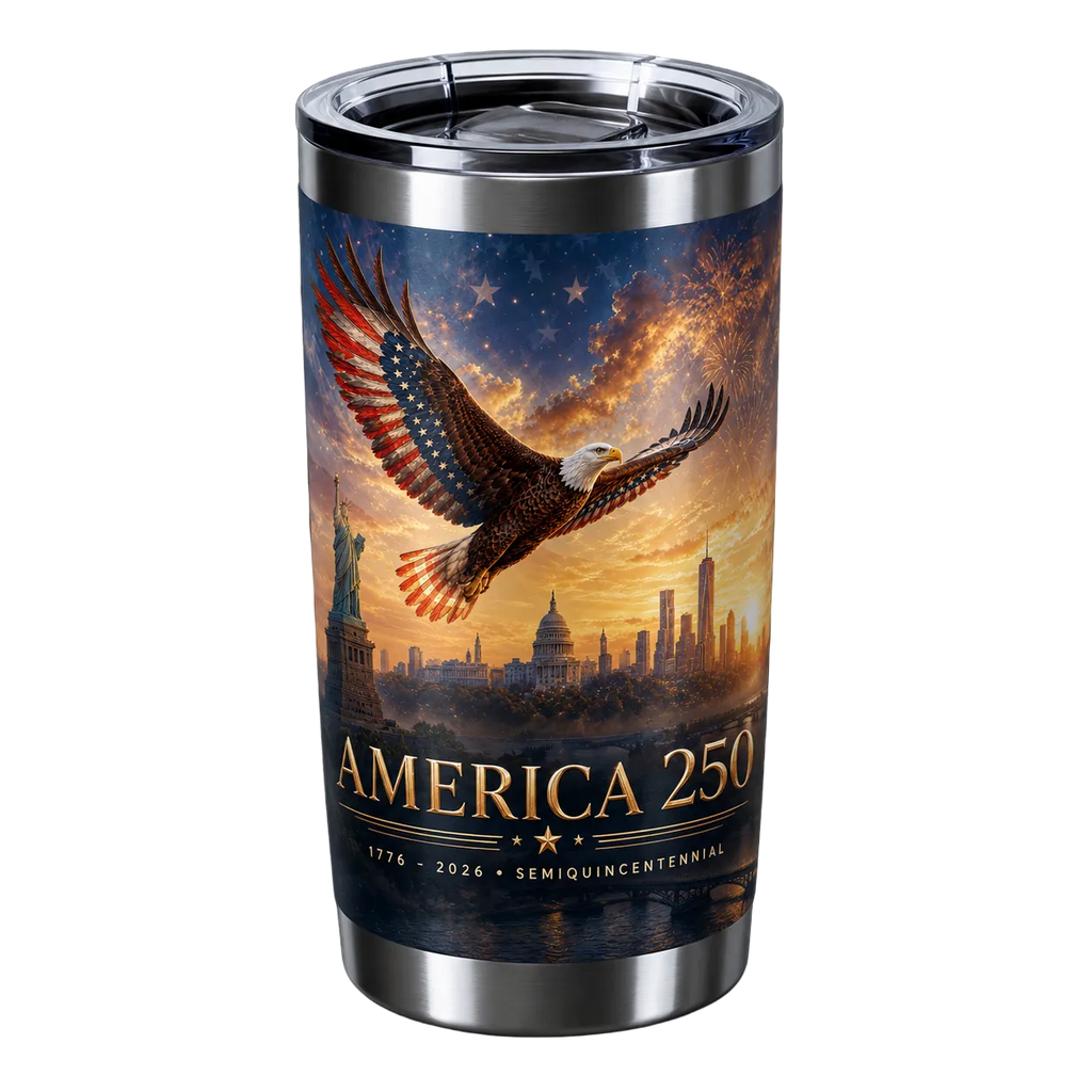 Tumbler with American flag eagle design and 'America 250' text  