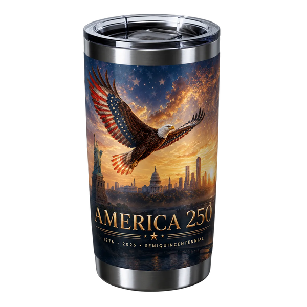 Tumbler with American flag eagle design and 'America 250' text  