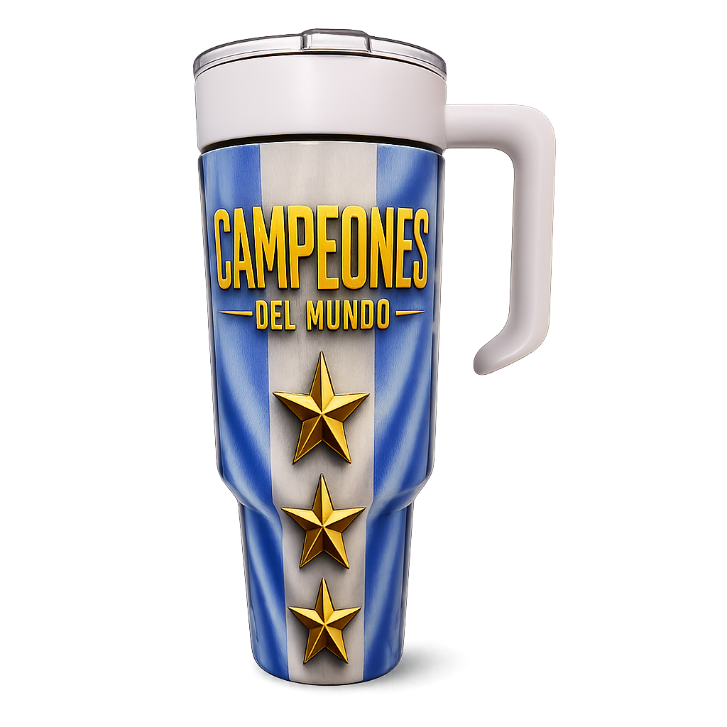 A travel tumbler with a white handle and lid, featuring a blue and white vertical striped design with the text 'CAMPEONES DEL MUNDO' in yellow and three gold stars.