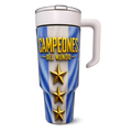 A travel tumbler with a white handle and lid, featuring a blue and white vertical striped design with the text 'CAMPEONES DEL MUNDO' in yellow and three gold stars.