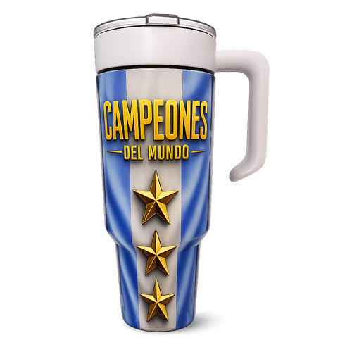 A travel tumbler with a white handle and lid, featuring a blue and white vertical striped design with the text 'CAMPEONES DEL MUNDO' in yellow and three gold stars.