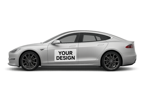 Custom printed car door magnet on the side of a silver sedan