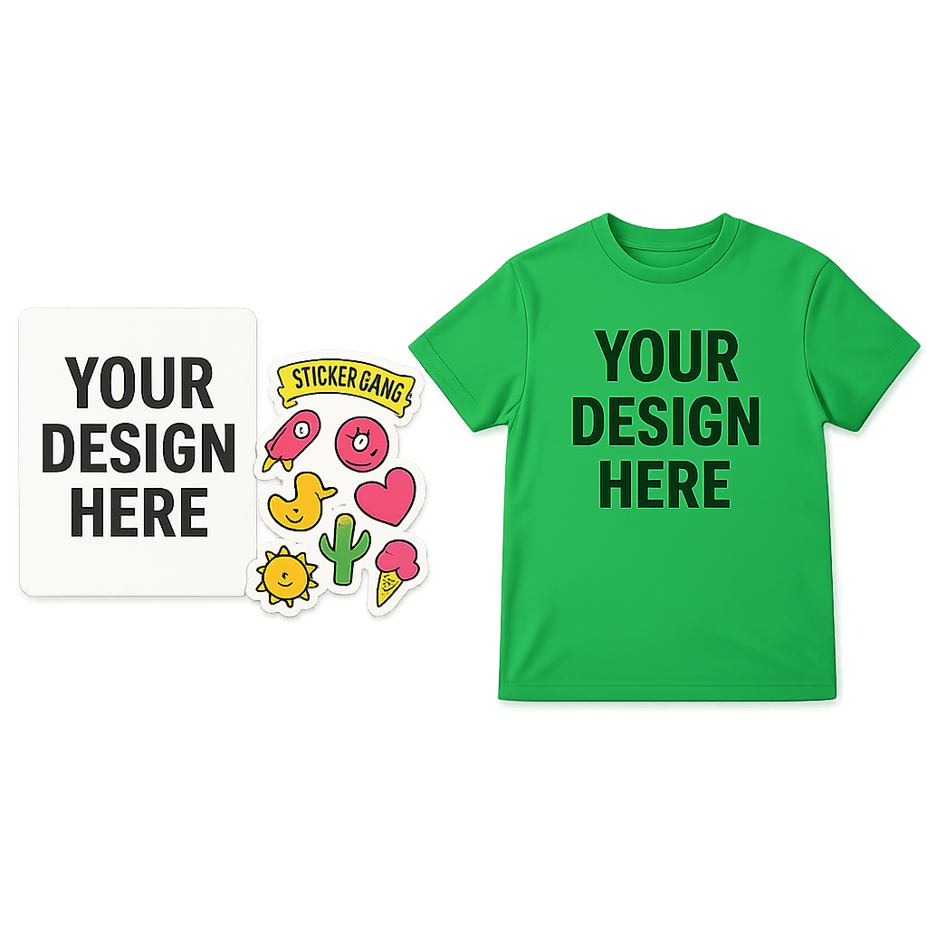 Green t-shirt with 'Your Design Here' text, surrounded by colorful stickers on a transparent background