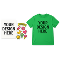 Green t-shirt with 'Your Design Here' text, surrounded by colorful stickers on a transparent background