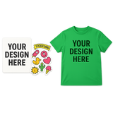 Green t-shirt with 'Your Design Here' text, surrounded by colorful stickers on a transparent background