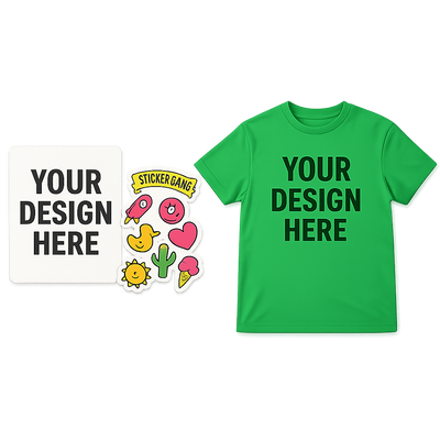 Green t-shirt with 'Your Design Here' text, surrounded by colorful stickers on a transparent background