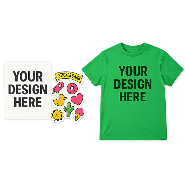 Green t-shirt with 'Your Design Here' text, surrounded by colorful stickers on a transparent background