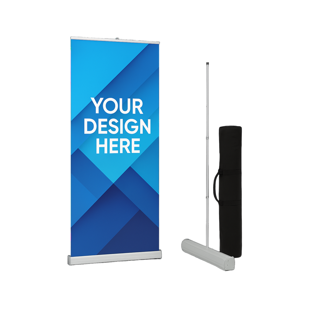 Retractable banner stand with 'Your Design Here' text 