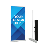 Retractable banner stand with 'Your Design Here' text 