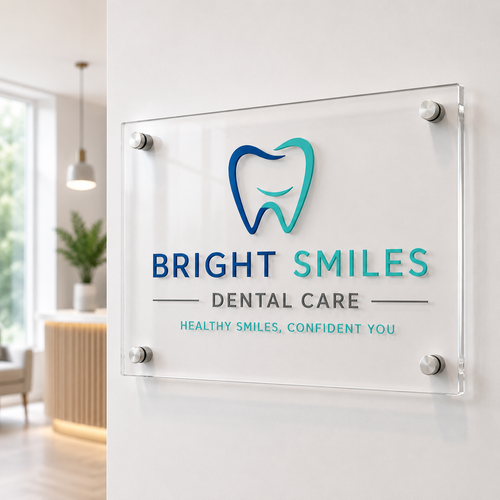 Custom acrylic office wall sign with a dental care logo and standoff mounts