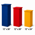 Three colorful podiums with dimensions labeled on a white background