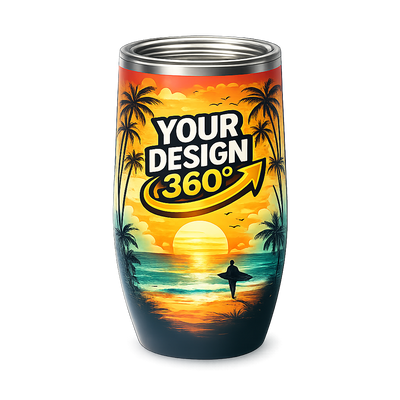 Tumbler with a tropical sunset design and 'Upload Your Design' text on a white background