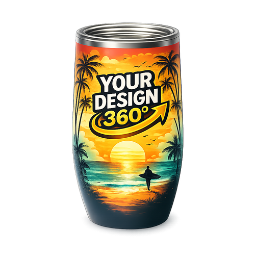 Tumbler with a tropical sunset design and 'Upload Your Design' text on a white background