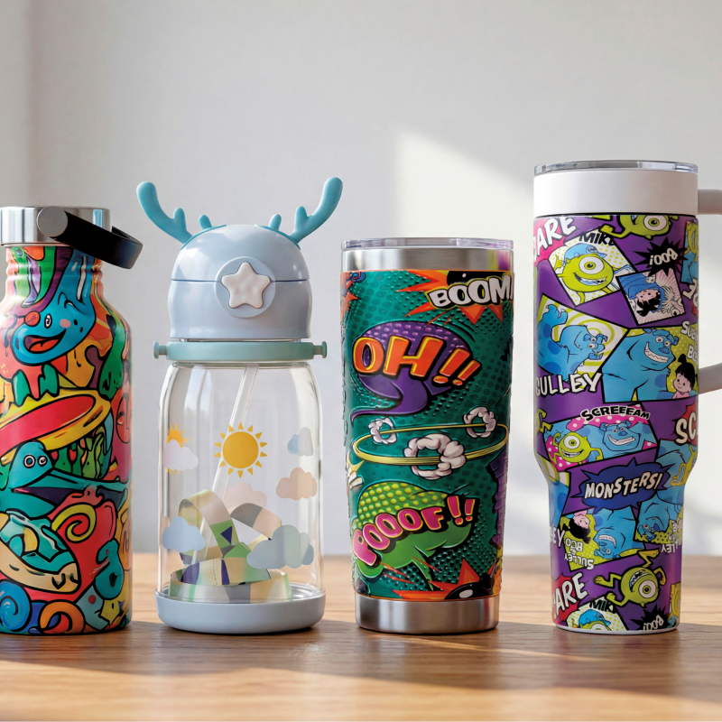 Collection of colorful water bottles on a wooden surface with a blurred indoor background