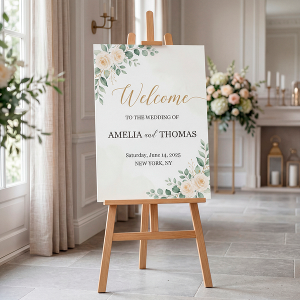 Wedding welcome sign on an easel with floral design in a room with flowers and candles.