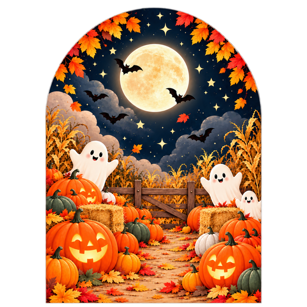 Arched Halloween wall art panel featuring a spooky autumn scene with jack-o'-lantern pumpkins, white ghosts, hay bales, bats, stars, and a large full moon against a dark sky.