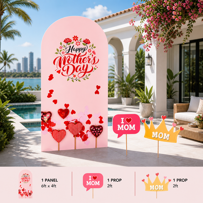 Decorative 'Happy Mother's Day' sign with heart designs in a backyard setting.