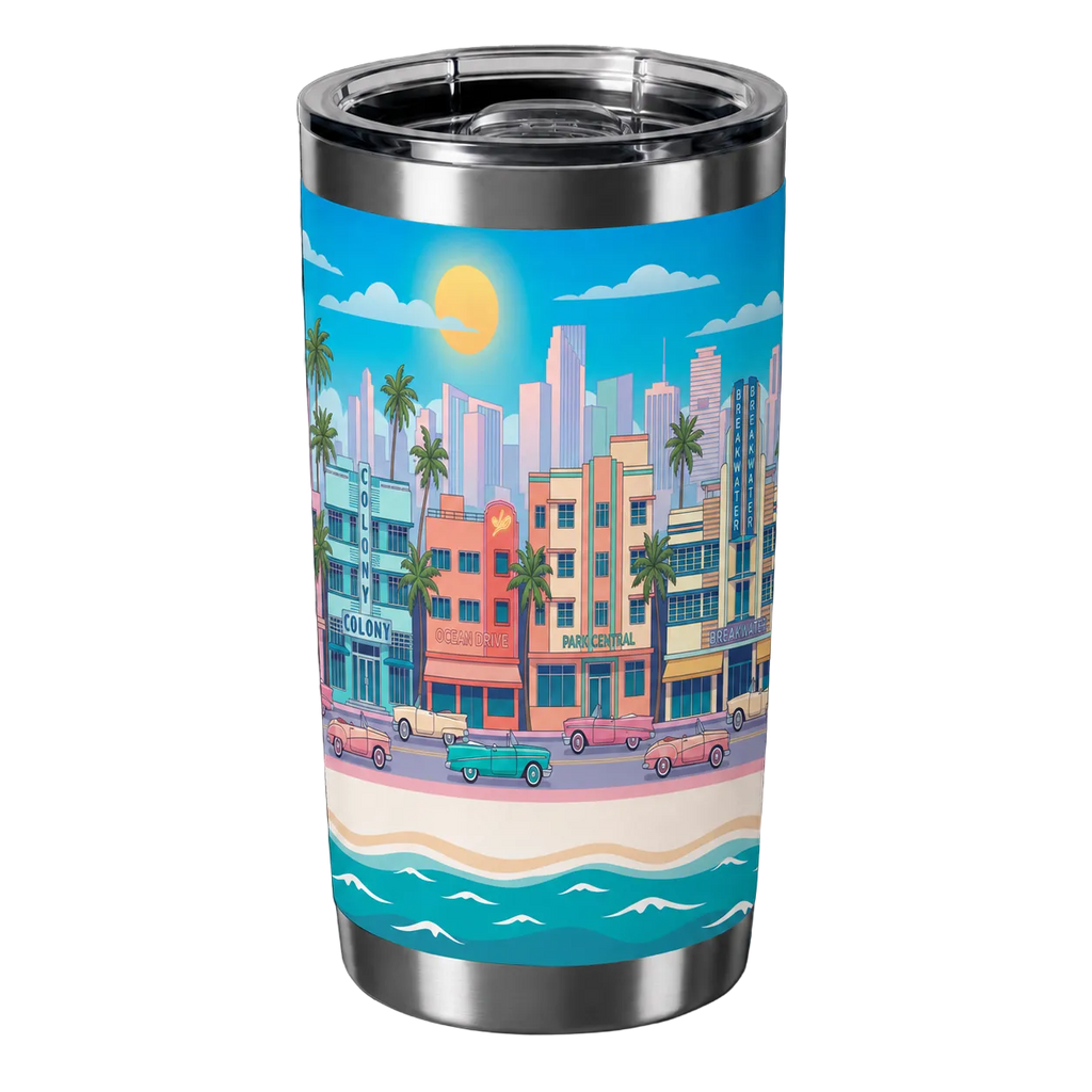 Tumbler with a colorful cityscape design featuring buildings, palm trees, and a beach.