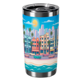 Tumbler with a colorful cityscape design featuring buildings, palm trees, and a beach.