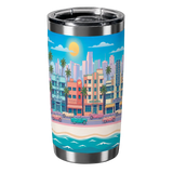 Tumbler with a colorful cityscape design featuring buildings, palm trees, and a beach.