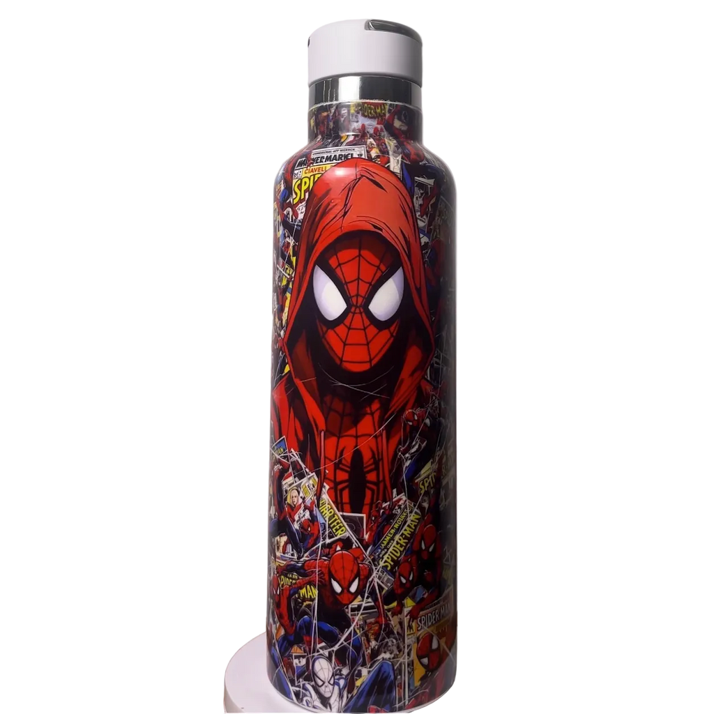Spider-Man themed water bottle on a white background