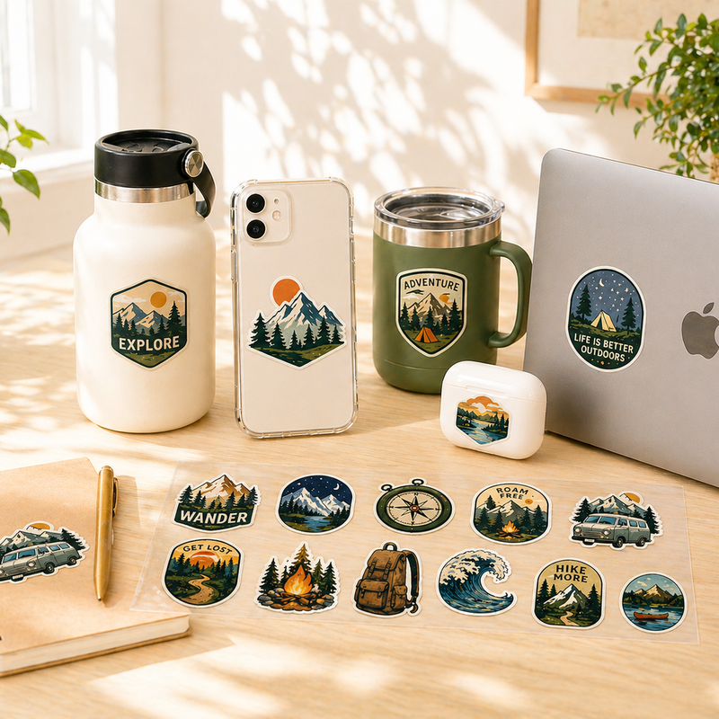 Tabletop with travel-themed stickers, a phone, mug, and water bottle.
