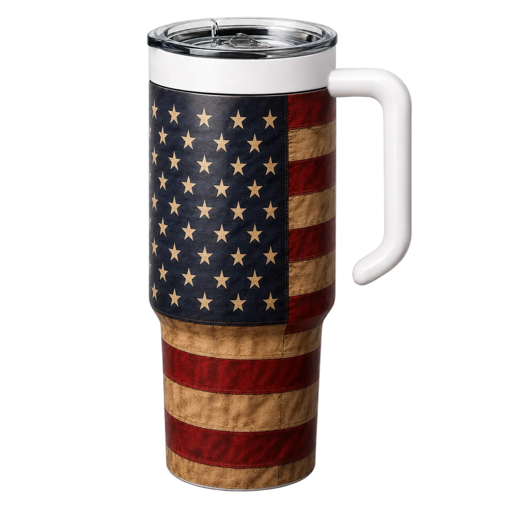 Tumbler with American flag design on a white background