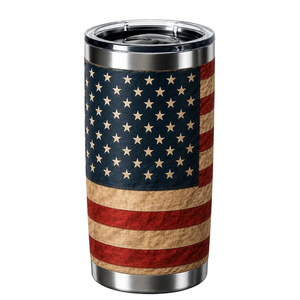 Tumbler with American flag design on a white background