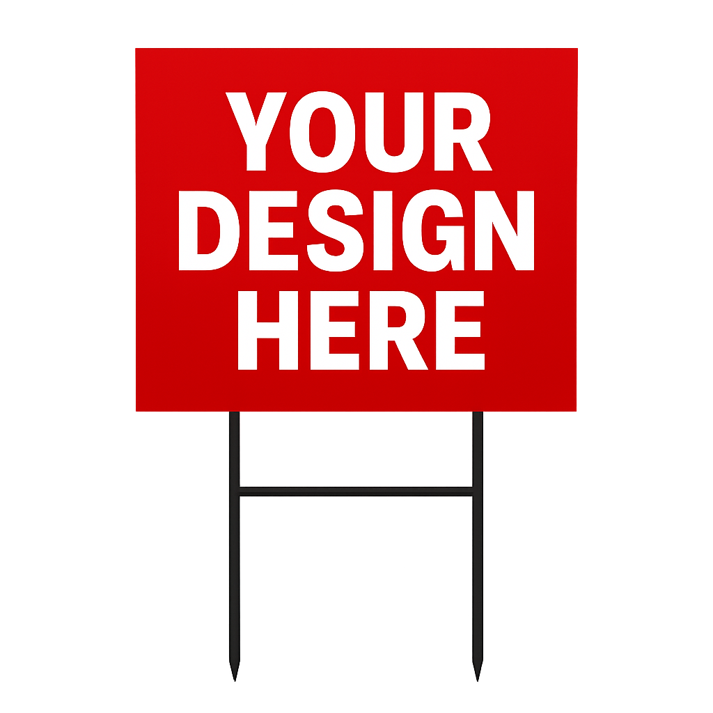 open house yard sign with text 'YOUR DESIGN HERE' in front of a community