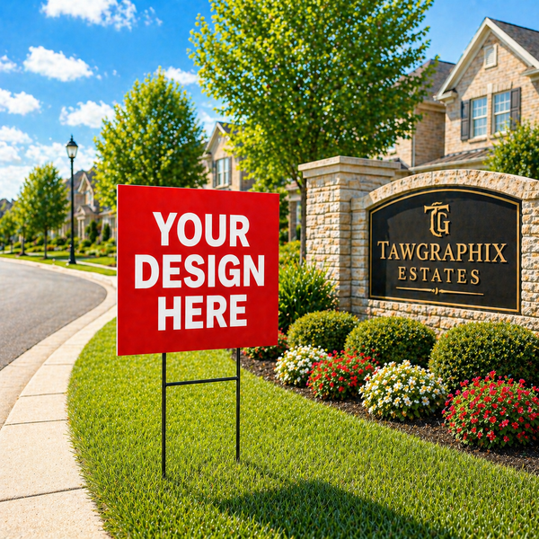 open house yard sign with text 'YOUR DESIGN HERE' in front of a community